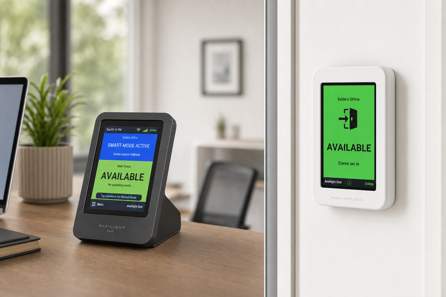 Availight Duo Controller on a desk and Door Unit mounted outside an office